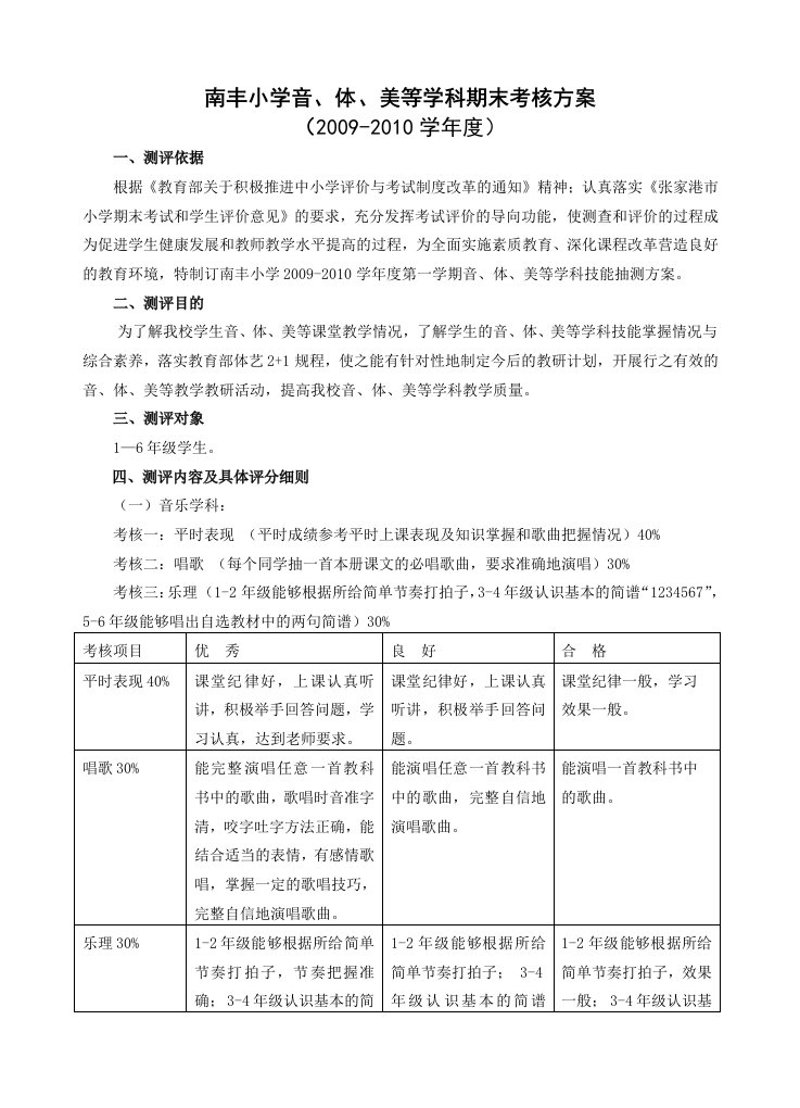 南丰小学音、体、美等学科期末考核方案