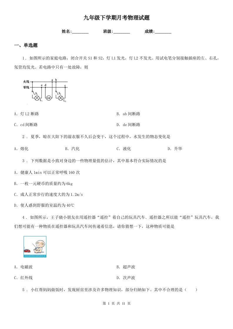 九年级下学期月考物理试题