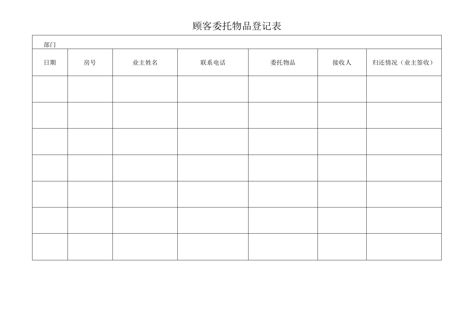 酒店式物业顾客委托物品登记表