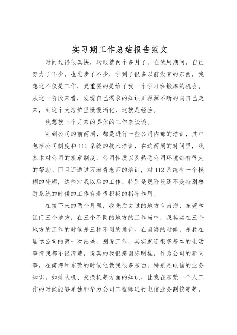 2022实习期工作总结报告范文