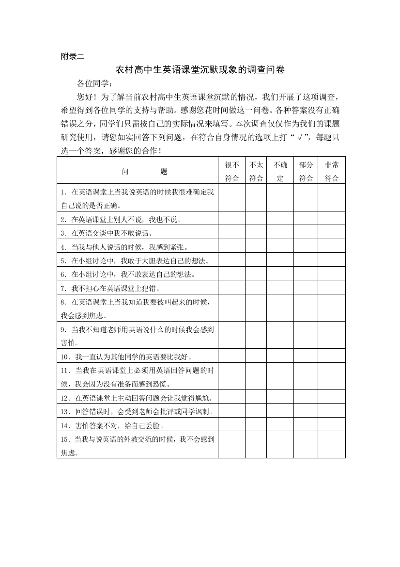 农村高中生英语课堂沉默现象的调查问卷