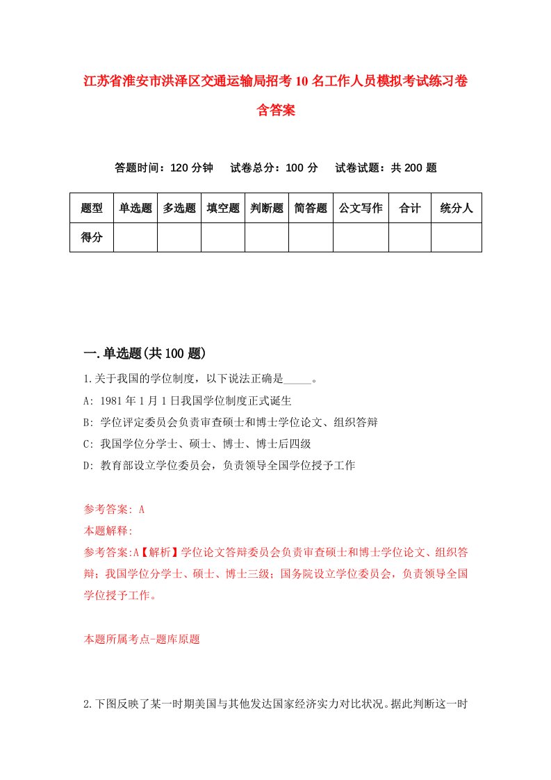 江苏省淮安市洪泽区交通运输局招考10名工作人员模拟考试练习卷含答案1