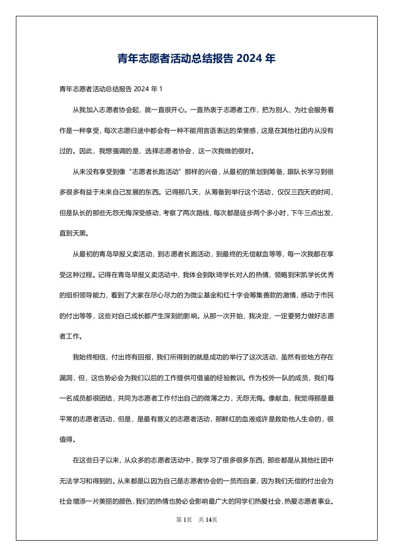 青年志愿者活动总结报告2024年