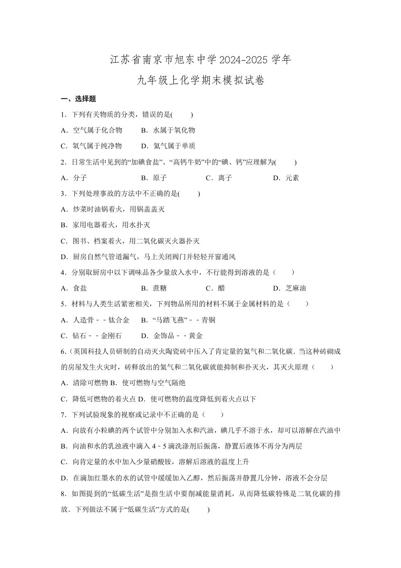 江苏省南京市旭东中学2024-2025学年九年级上化学期末模拟试卷