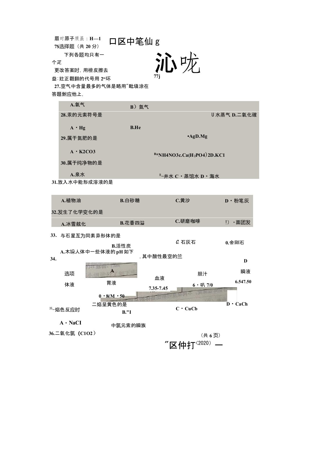 2020年上海市虹口区初三二模化学试卷(含答案)