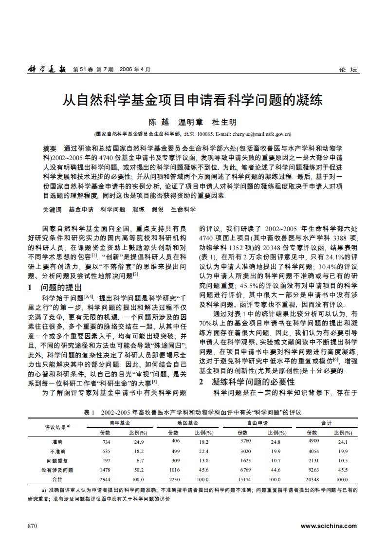 从自然科学基金项目申请看科学问题的凝练