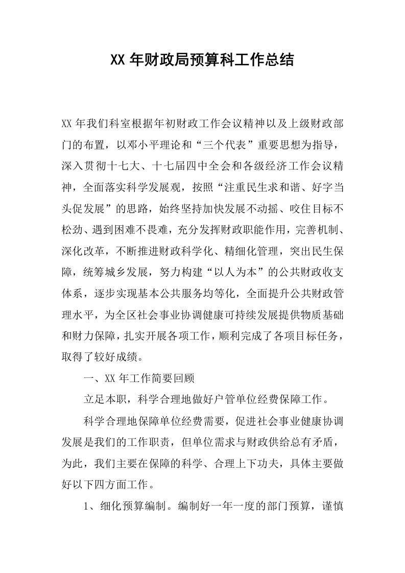 xx年财政局预算科工作总结.docx