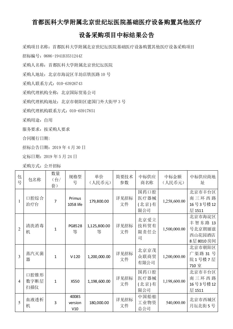 首都医科大学附属北京世纪坛医院基础医疗设备购置其他医疗