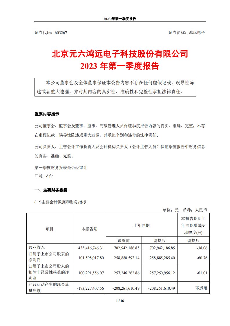 上交所-鸿远电子2023年第一季度报告-20230427