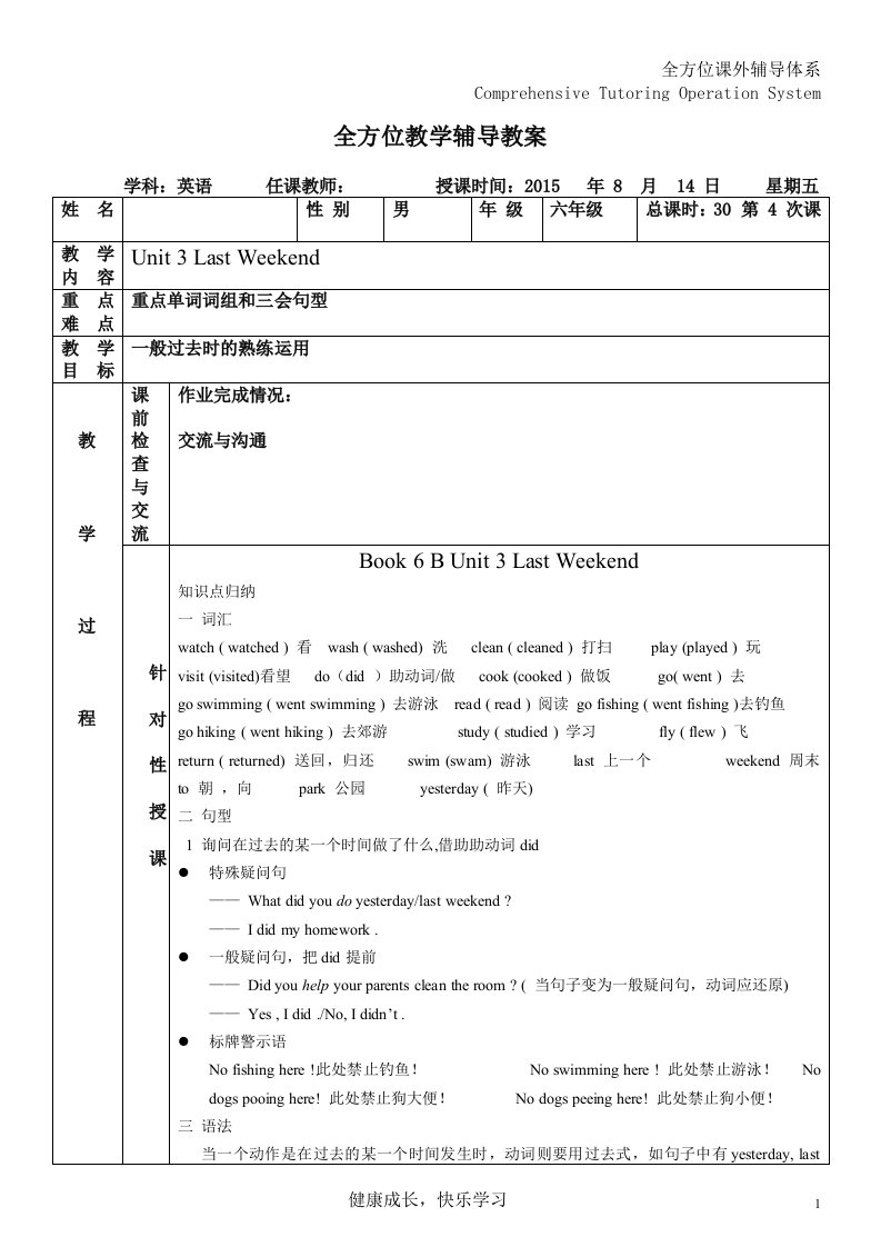 六年级下Unit3LastWeekend知识点及练习