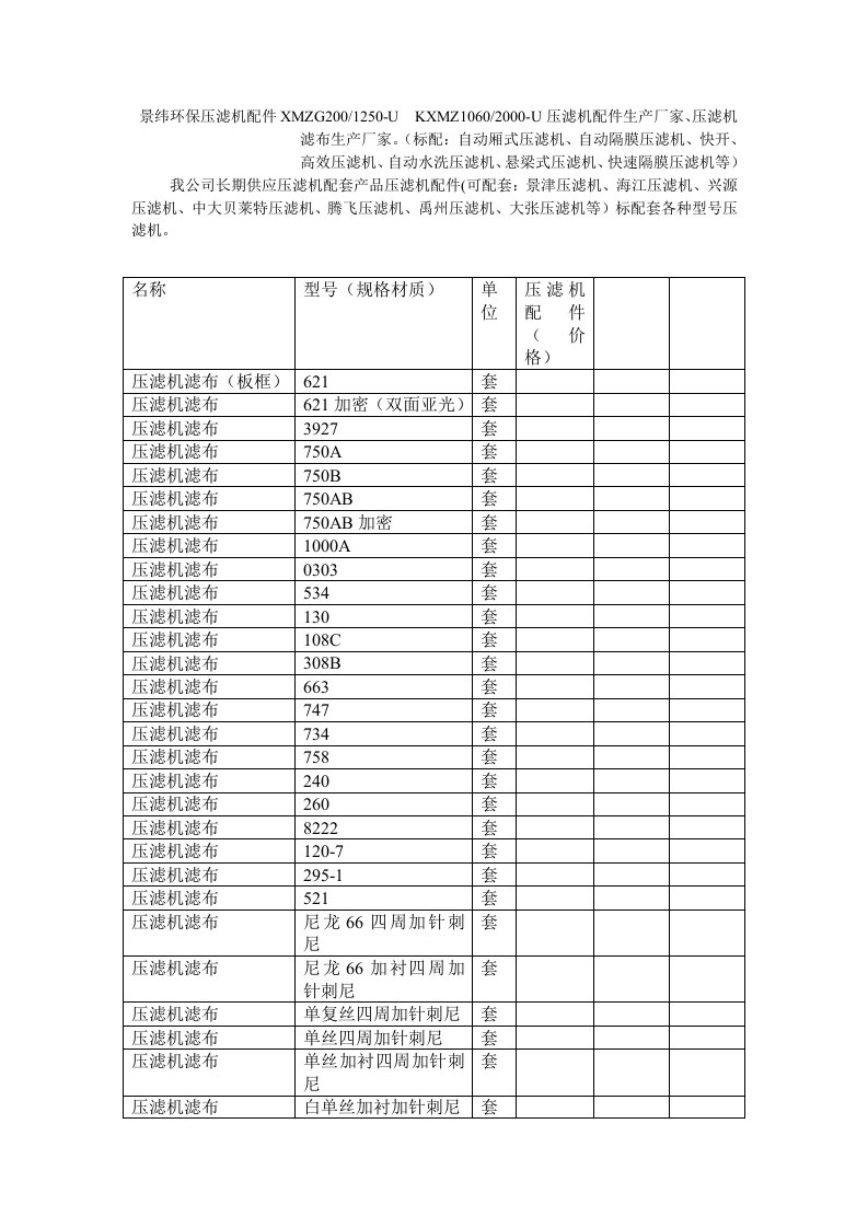 关于压滤机易损备品备件(压滤机配件及板框压滤机详细清单表)