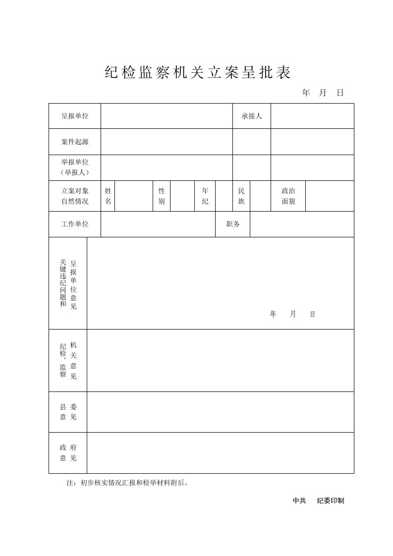 纪检监察机关立案呈批表等样稿