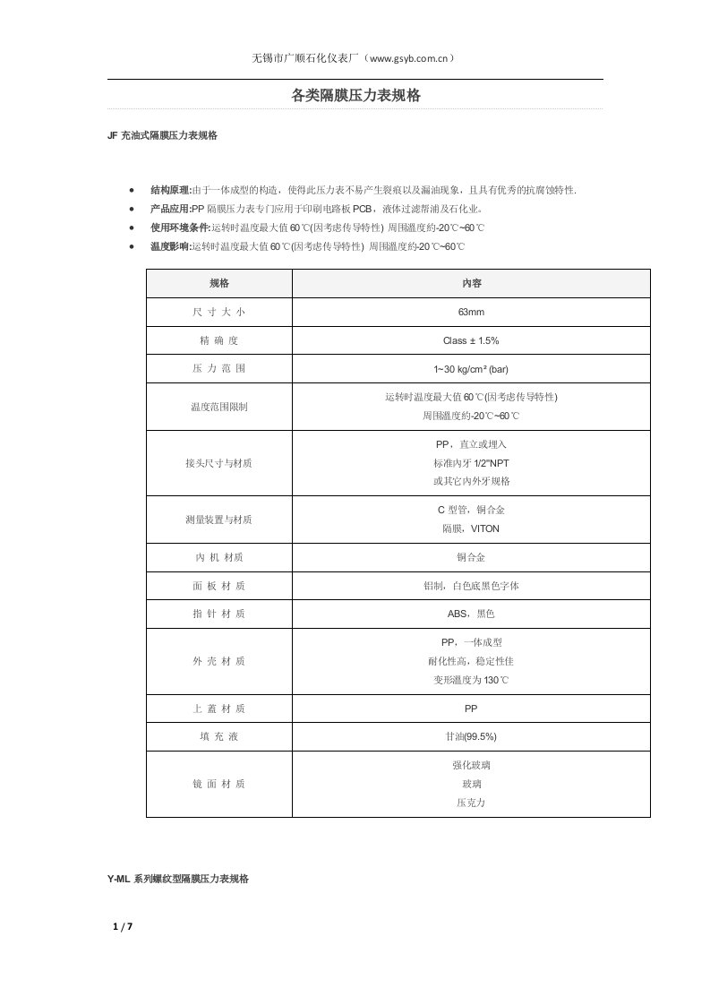 各类隔膜压力表规格