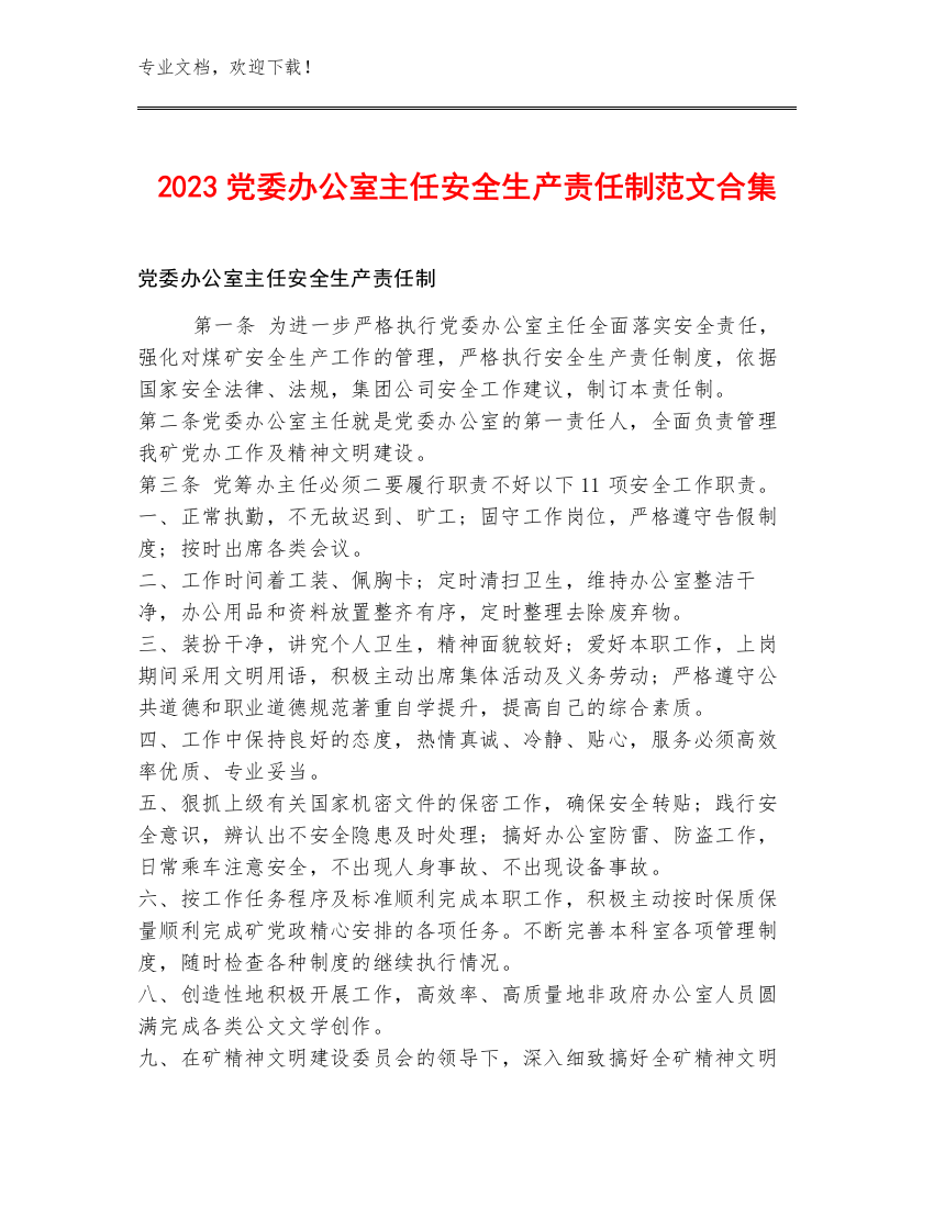 2023党委办公室主任安全生产责任制范文合集