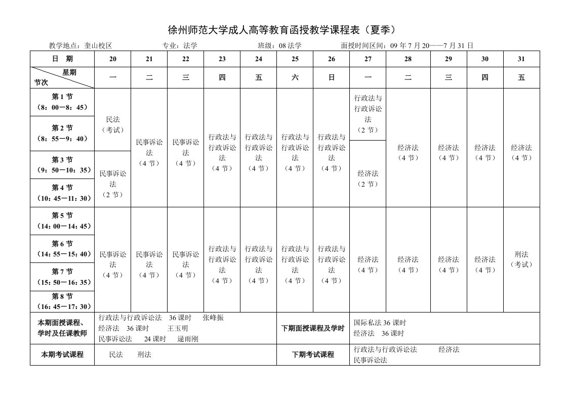 徐州师范大学成人高等教育函授教学课程表（夏季）.doc