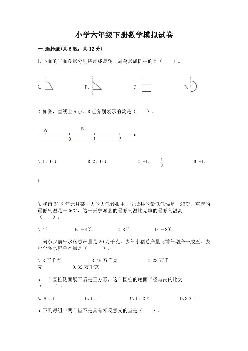 小学六年级下册数学模拟试卷（考点提分）