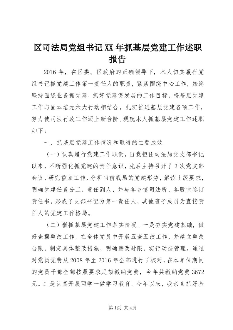 5区司法局党组书记某年抓基层党建工作述职报告