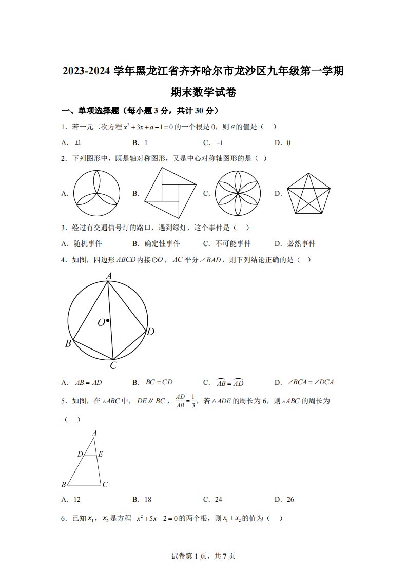 黑龙江省齐齐哈尔市龙沙区2023-2024学年九年级上学期期末数学试题[答案]