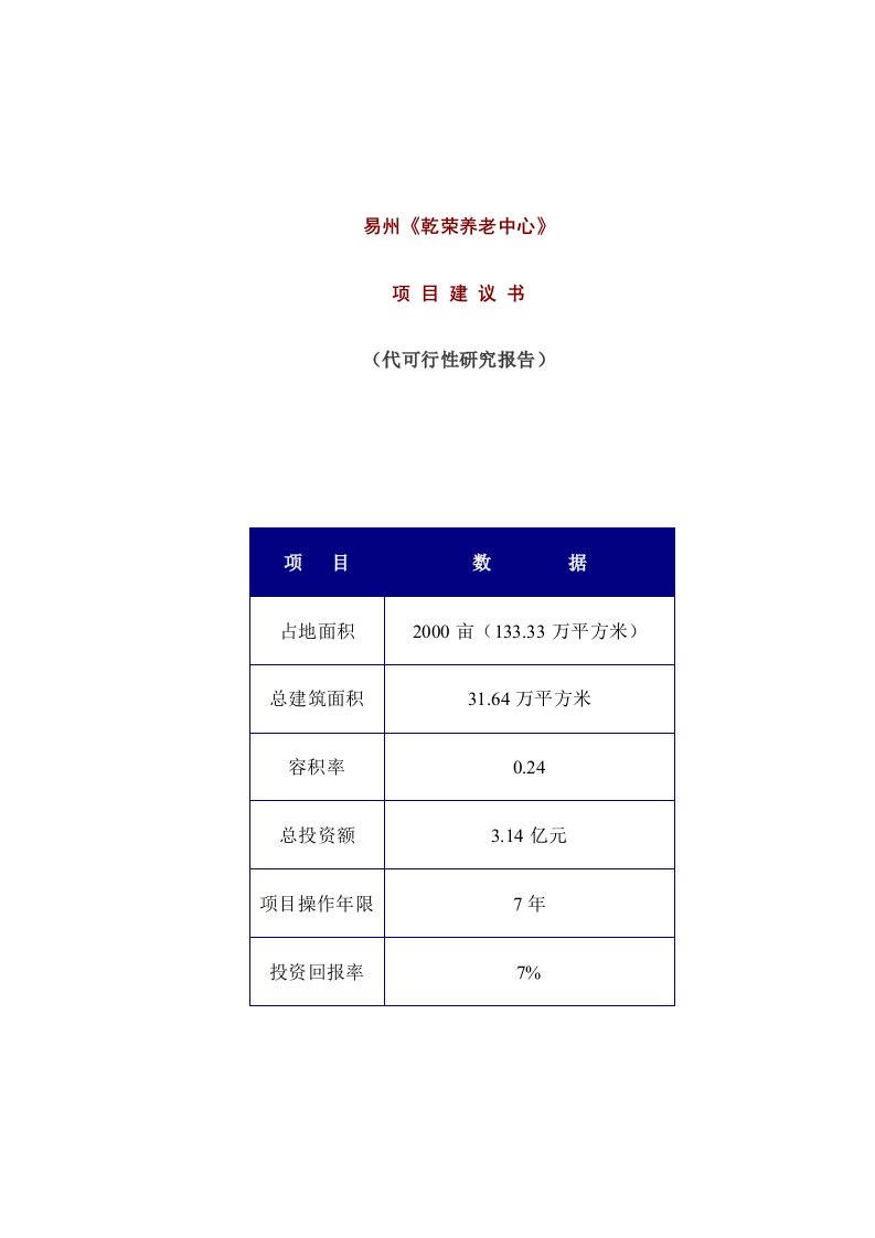 某养老中心项目建议书(代可行性研究报告)-完整版