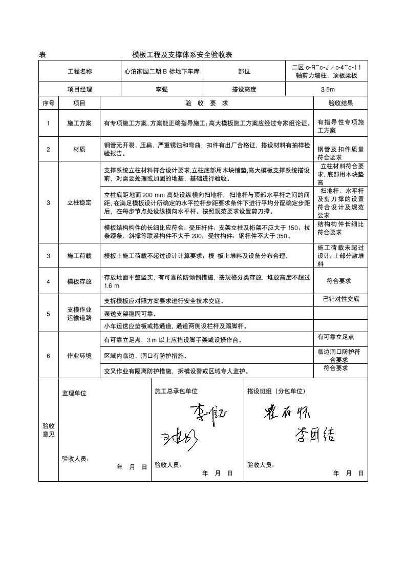 模板工程及支撑体系安全验收表