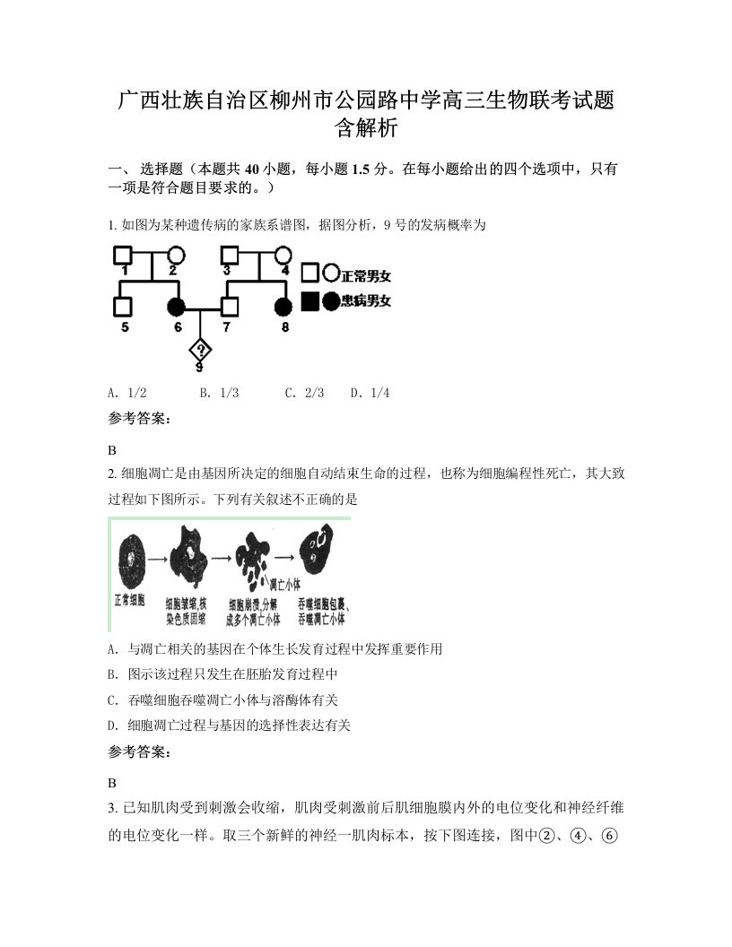 广西壮族自治区柳州市公园路中学高三生物联考试题含解析