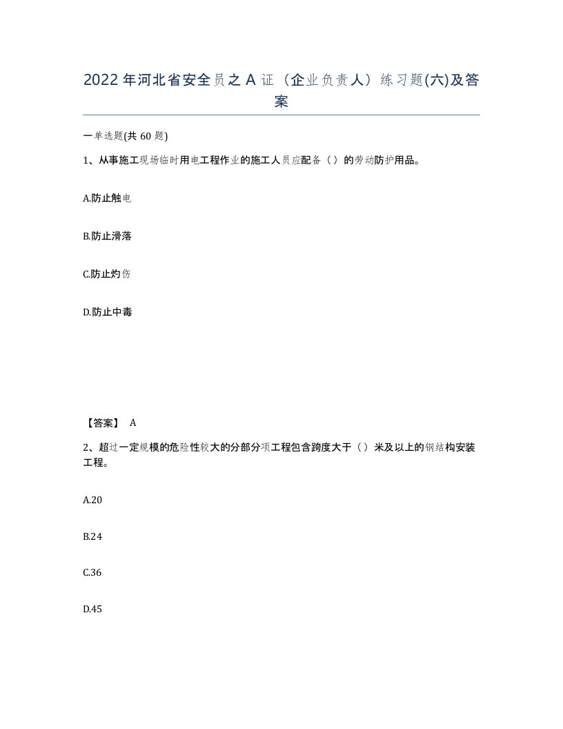 2022年河北省安全员之A证企业负责人练习题六及答案