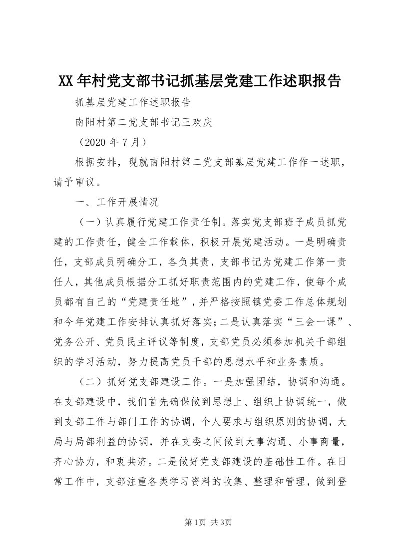 4某年村党支部书记抓基层党建工作述职报告