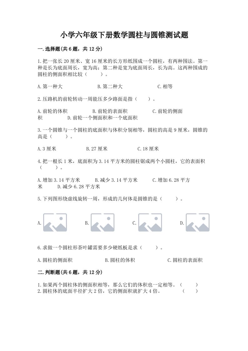 小学六年级下册数学圆柱与圆锥测试题精品（典优）