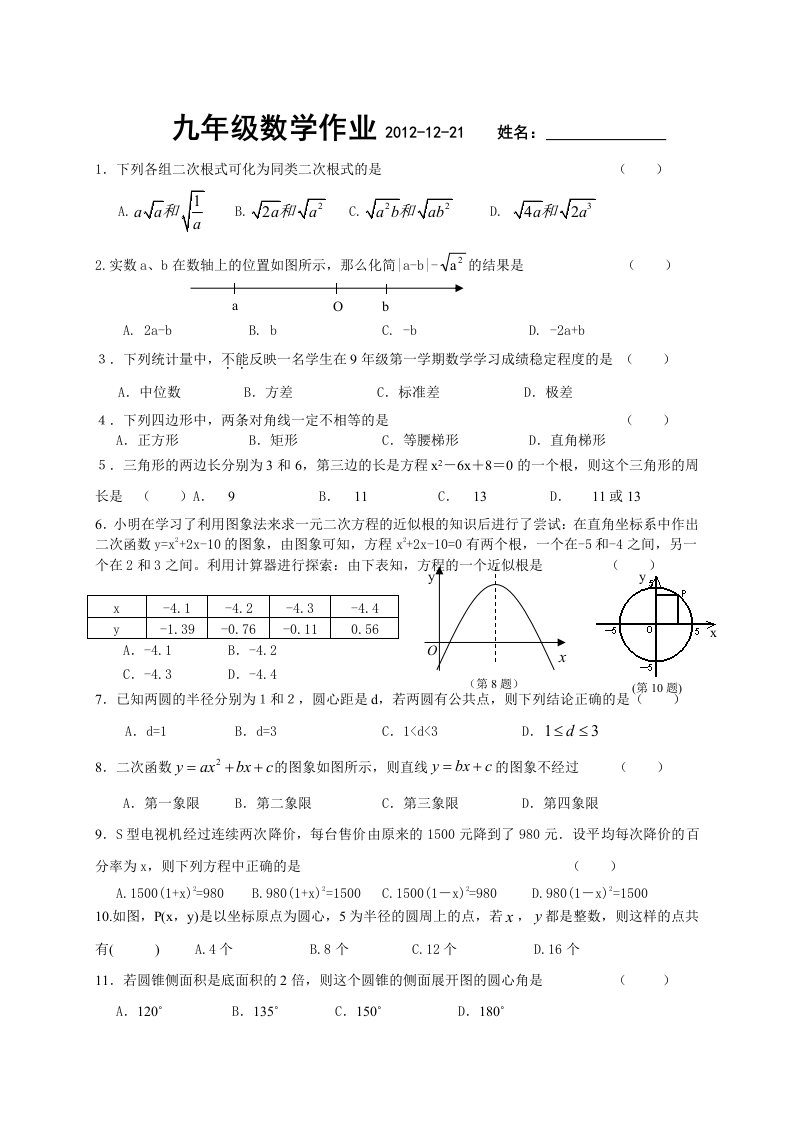 2012九年级数学练习无答案