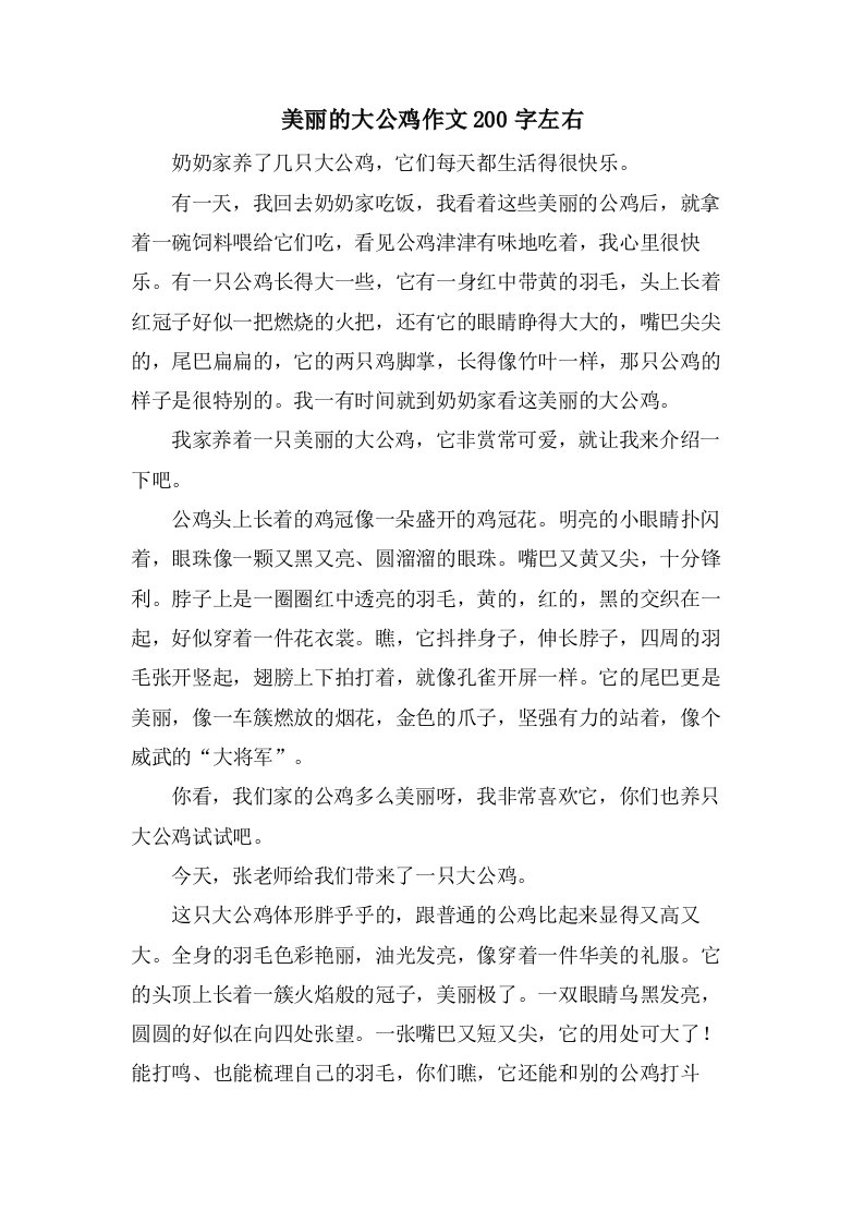 美丽的大公鸡作文200字左右