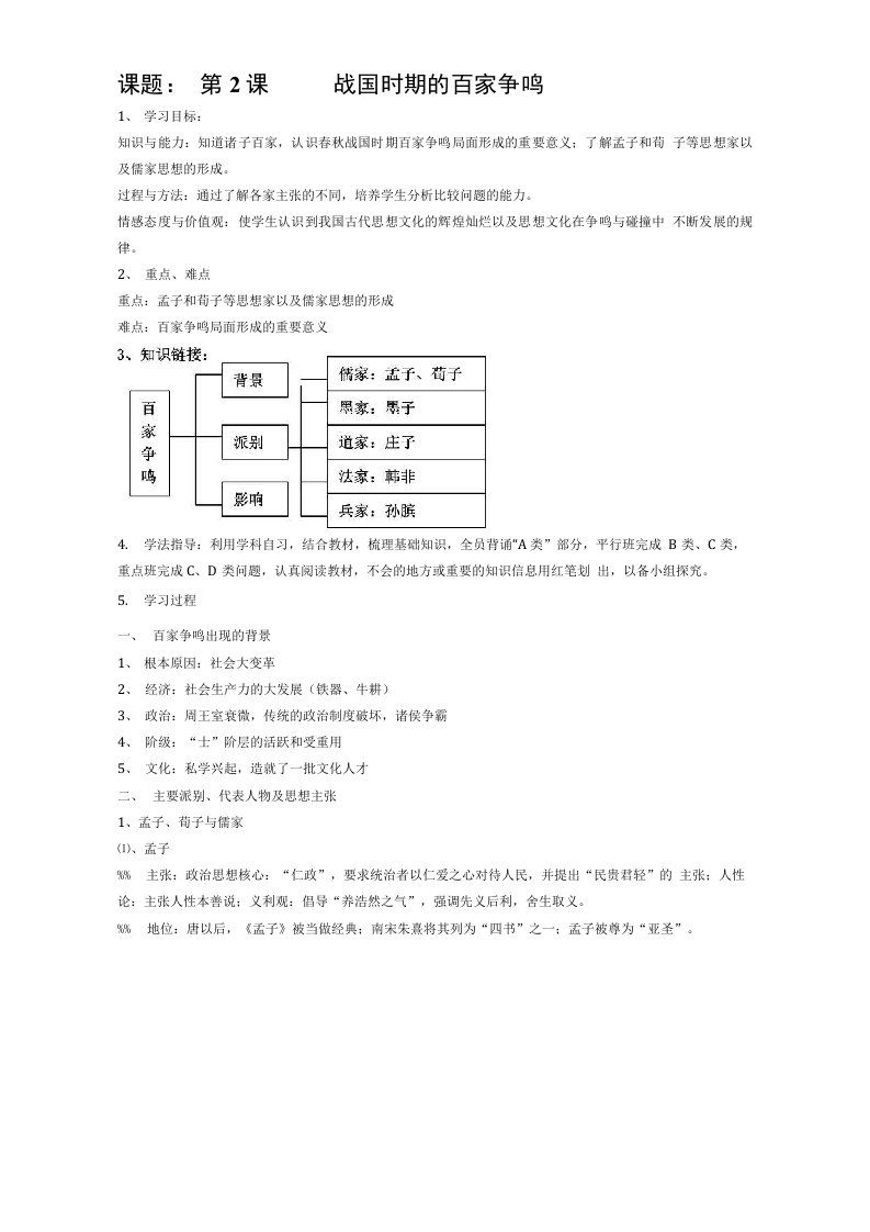 历史必修三第二课学案战国时期的百家争鸣