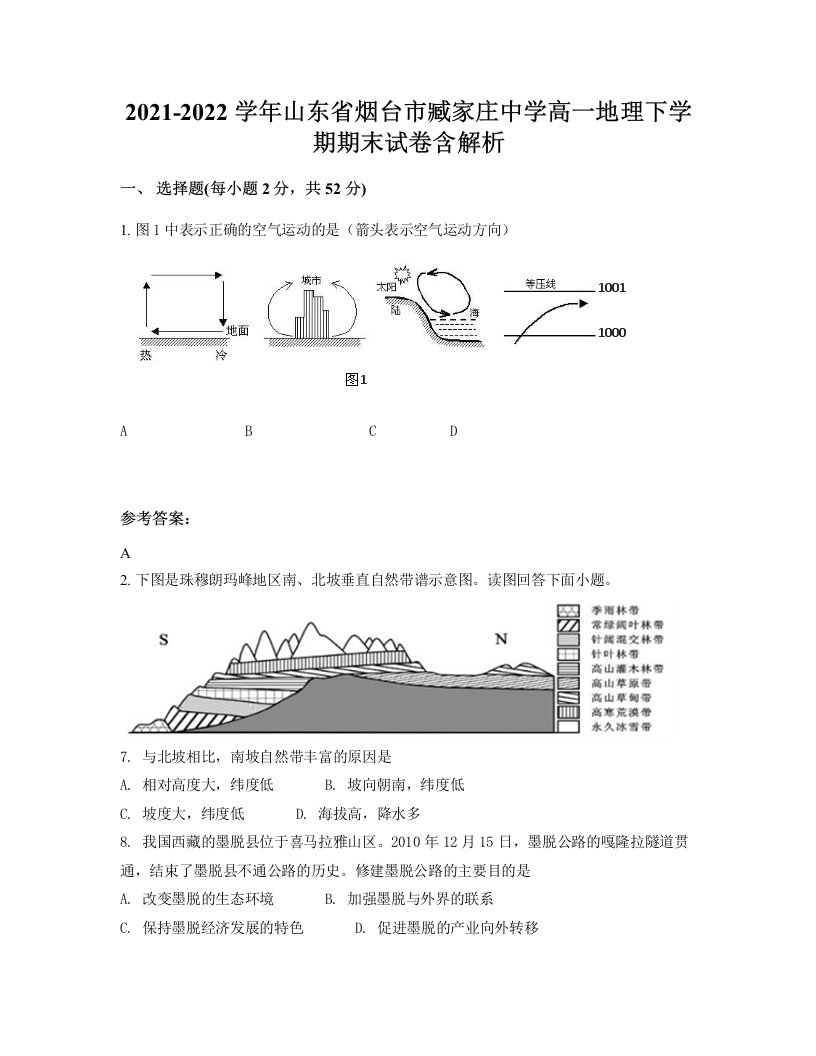 2021-2022学年山东省烟台市臧家庄中学高一地理下学期期末试卷含解析