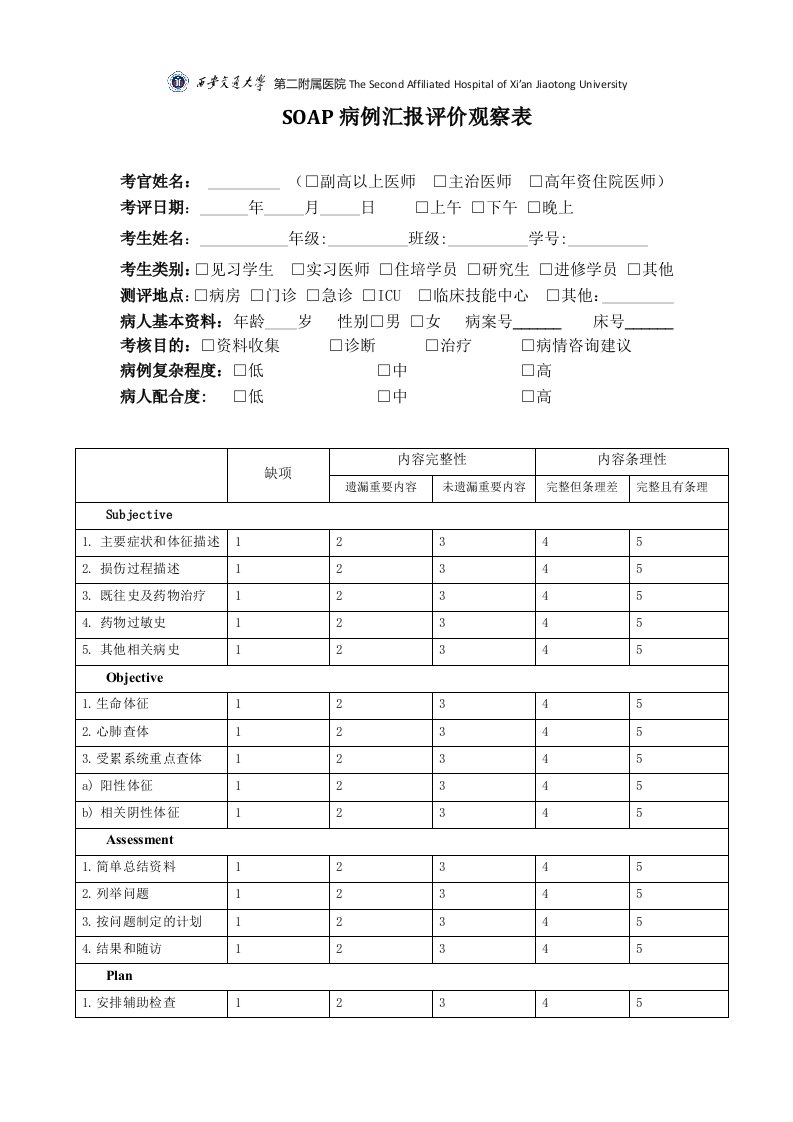 SOAP病例汇报评价观察表