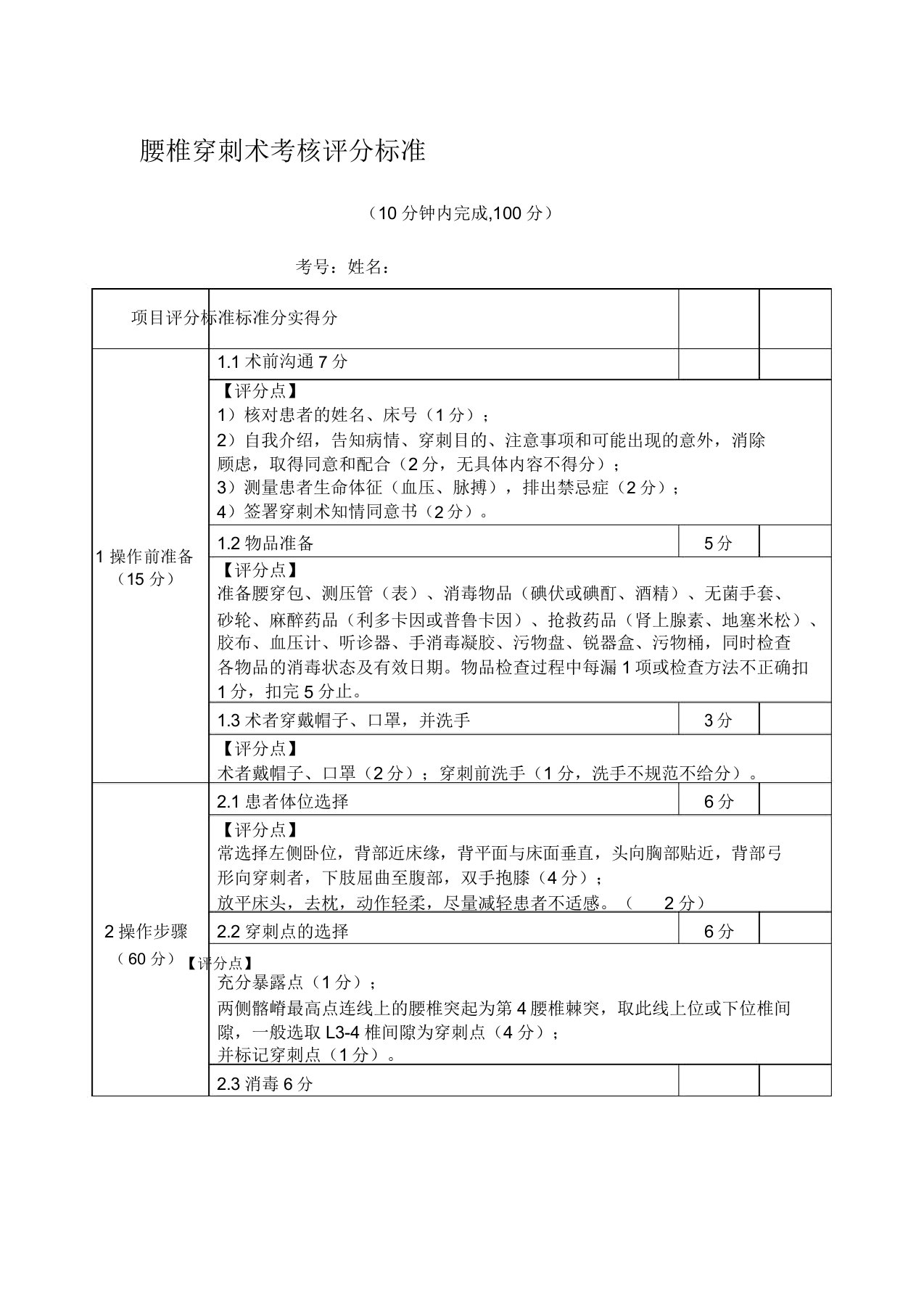 腰椎穿刺考核评分标准