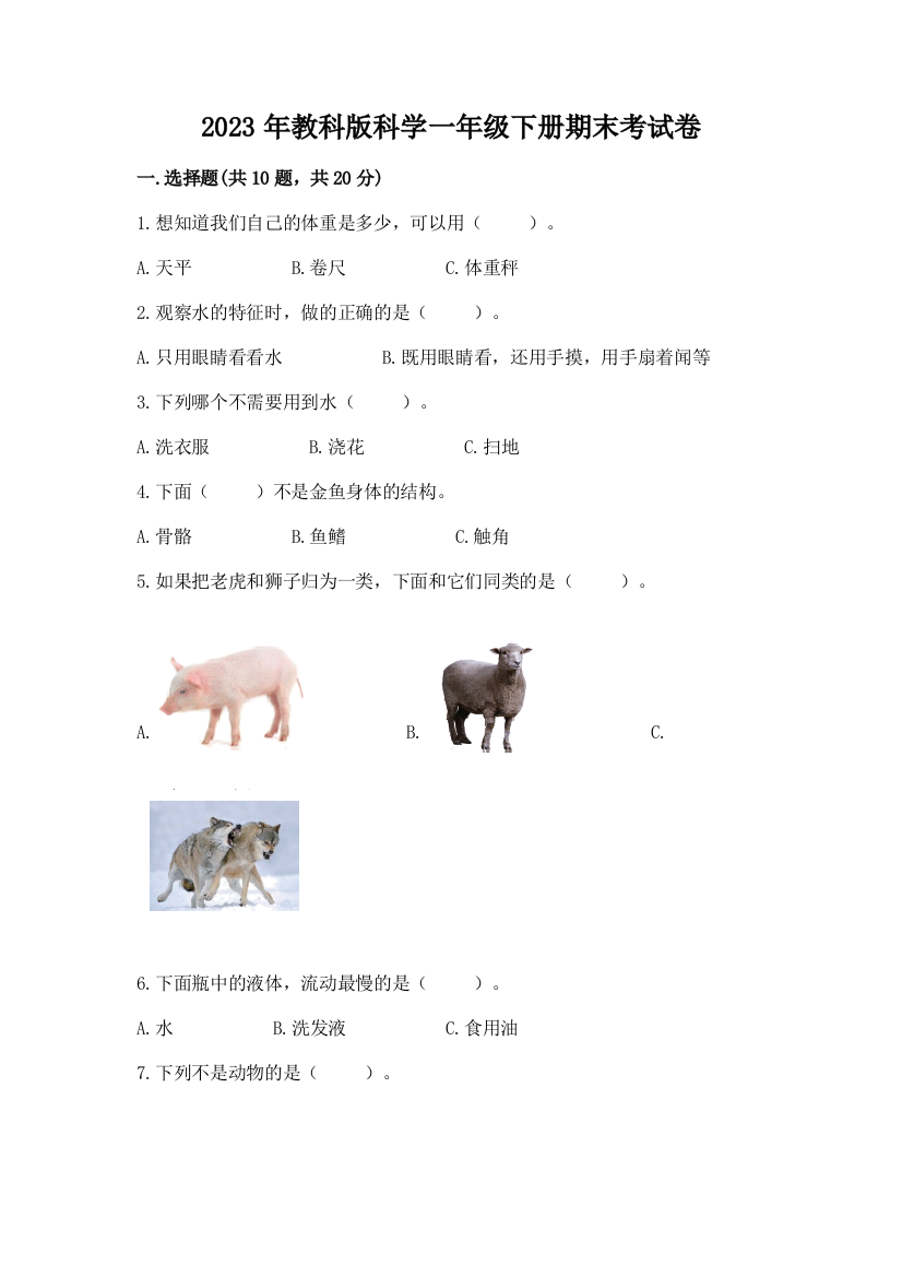 2023年教科版科学一年级下册期末考试卷及答案（网校专用）