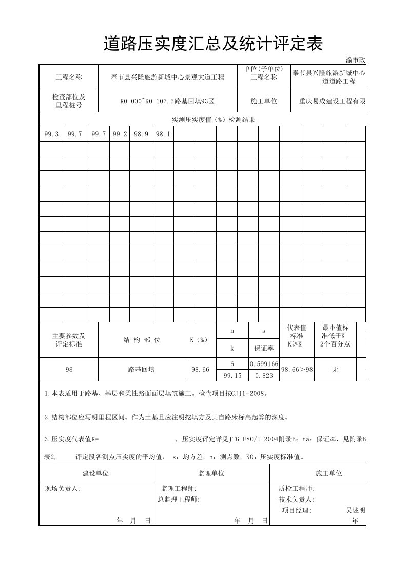 压实度汇总及统计评定自动计算表