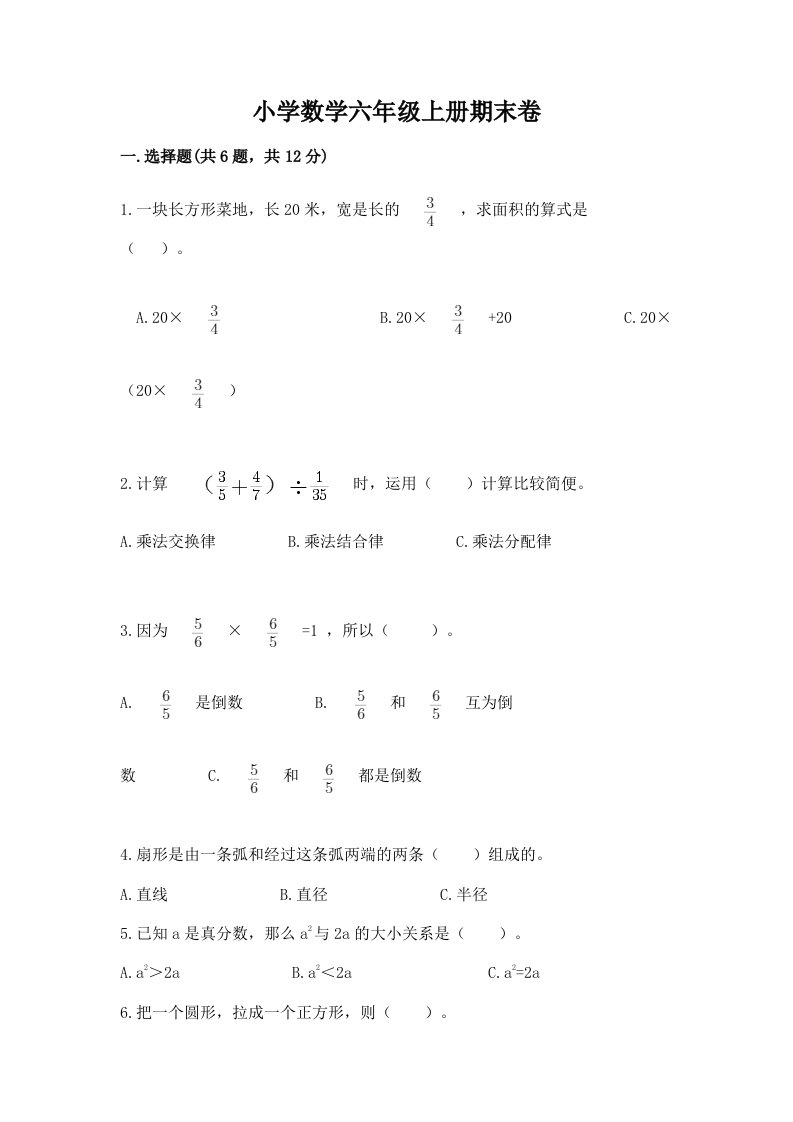 小学数学六年级上册期末卷（历年真题）