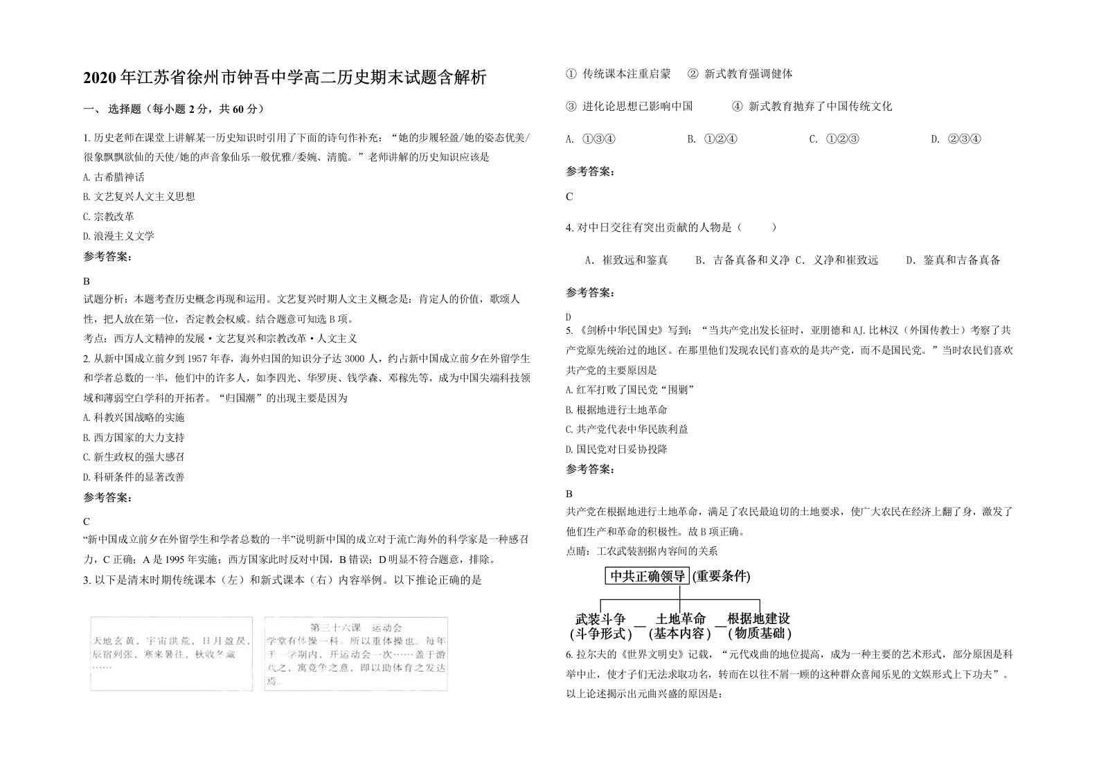 2020年江苏省徐州市钟吾中学高二历史期末试题含解析