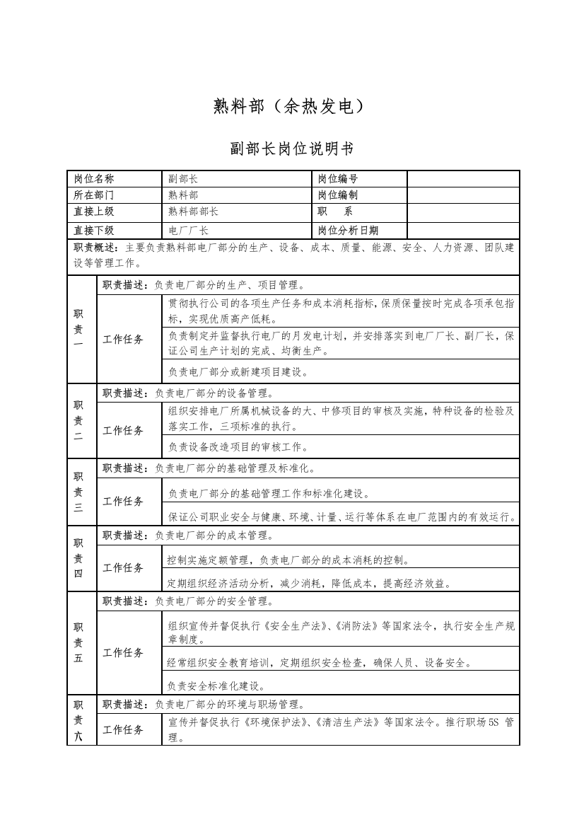 熟料部(余热发电)岗位说明书