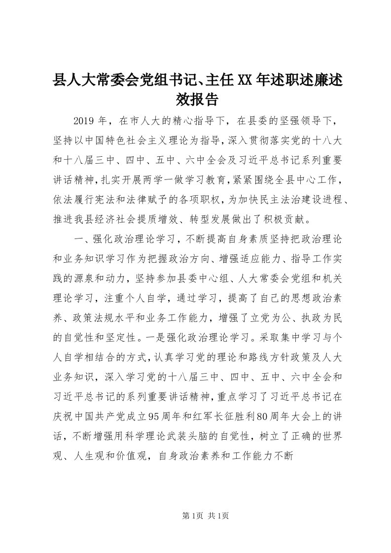 6县人大常委会党组书记、主任某年述职述廉述效报告