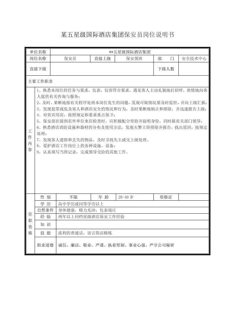 某五星级国际酒店集团保安员岗位说明书