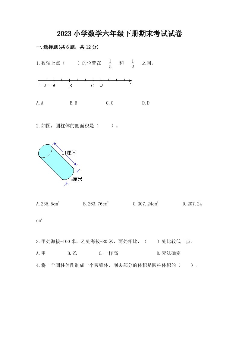 2023小学数学六年级下册期末考试试卷及一套完整答案