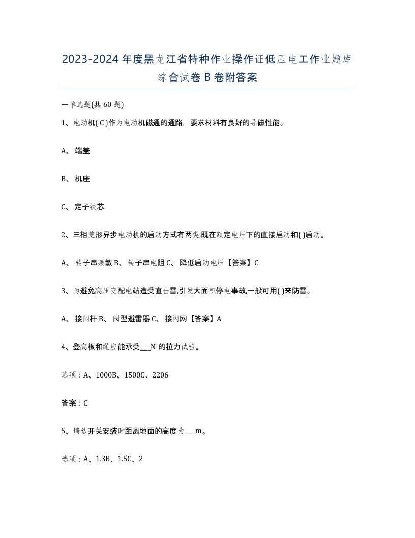 2023-2024年度黑龙江省特种作业操作证低压电工作业题库综合试卷B卷附答案