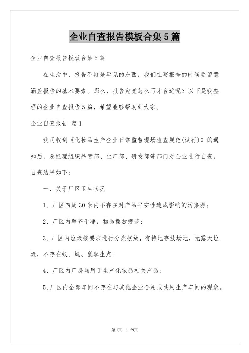 企业自查报告模板合集5篇