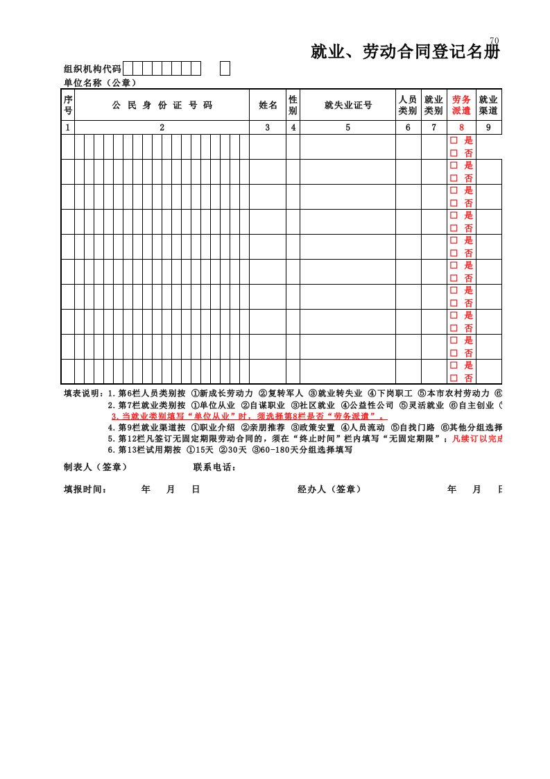 天津市新版就业、劳动合同登记名册