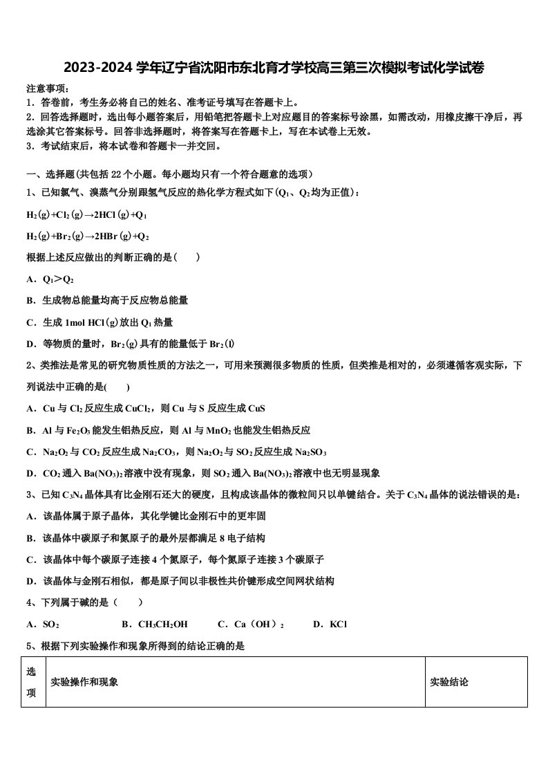 2023-2024学年辽宁省沈阳市东北育才学校高三第三次模拟考试化学试卷含解析