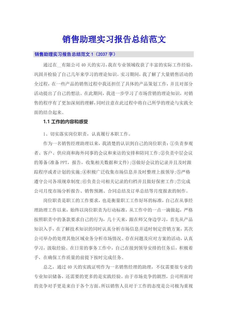 销售助理实习报告总结范文