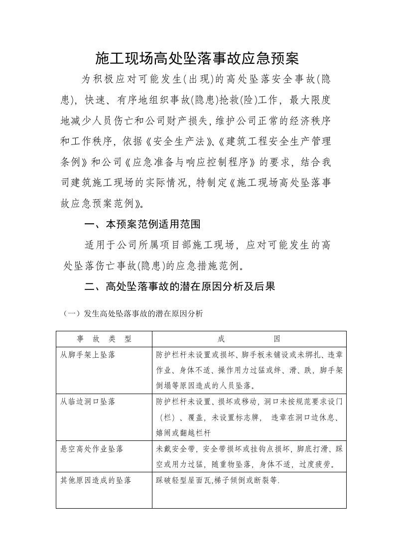 应急预案-施工现场高处坠落事故应急预案