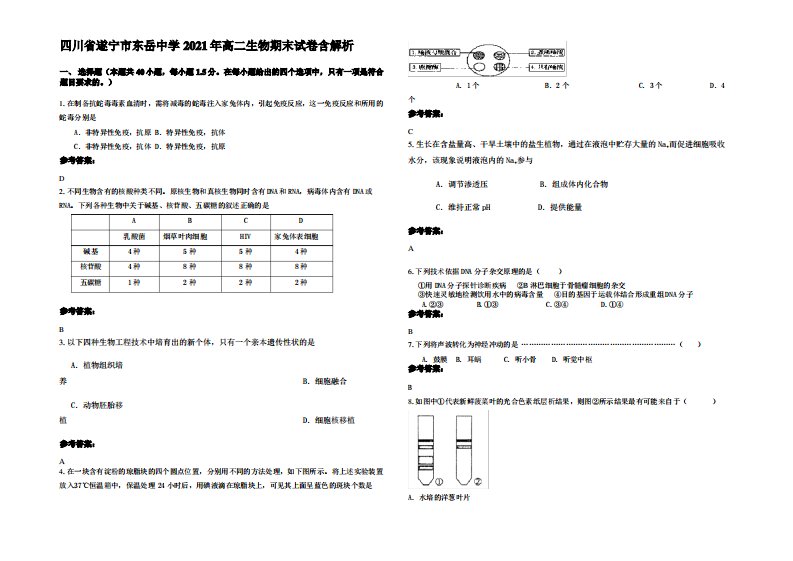 四川省遂宁市东岳中学2021年高二生物期末试卷含解析