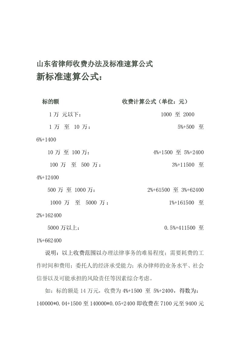 山东省律师收费办法及速算公式